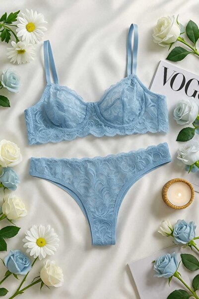 İntive Lingerie Синій мереживний бралет і трусики, комплект нижньої білизни