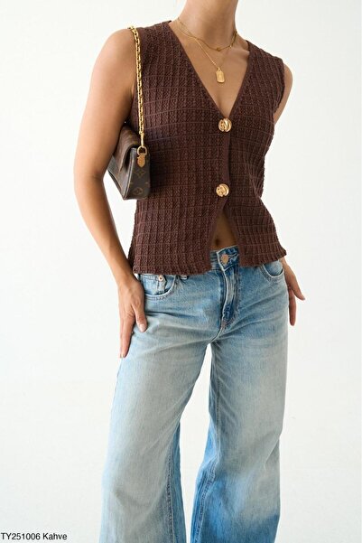 CADDELAMODA Gold Buttoned Embossed Knitwear Cotton Vest
