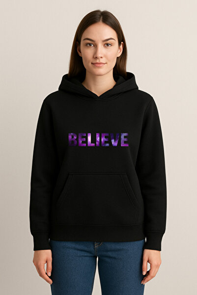 MODA سويت شيرت بقلنسوة مطبوع عليه "Believe" (خيطين)