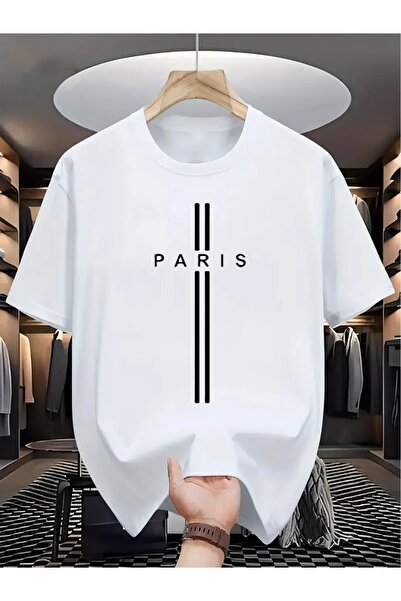 Flood Of Style Bărbați, alb, cu două dungi Paris B cu imprimeu Oversize