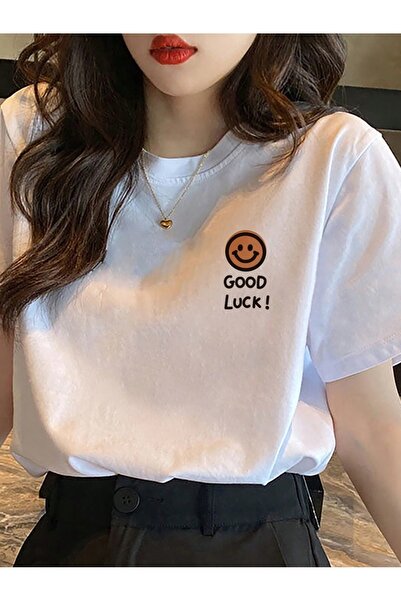 Flood Of Style Unisex Beyaz Smile Good Luck cu imprimeu supradimensionat