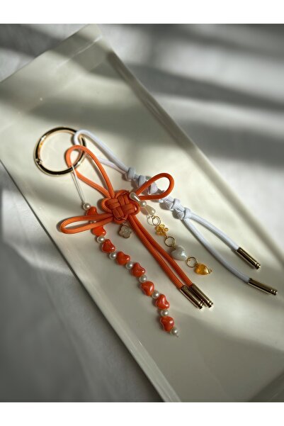 Handmade Turuncu kalpli incili şans düğümlü çanta charmı-çanta aksesuarı-bag ...