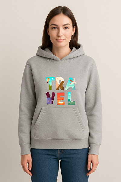 MODA سويت شيرت بقلنسوة مطبوع عليه سفر (خيطين)