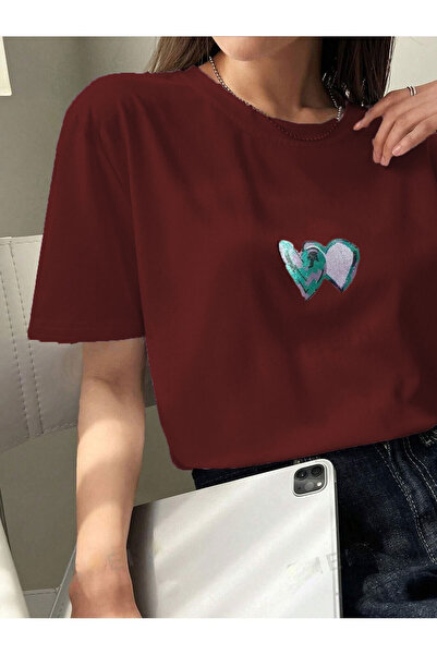 Flood Of Style Γυναικείο μπορντό διπλό καρδιά με τύπωμα oversized