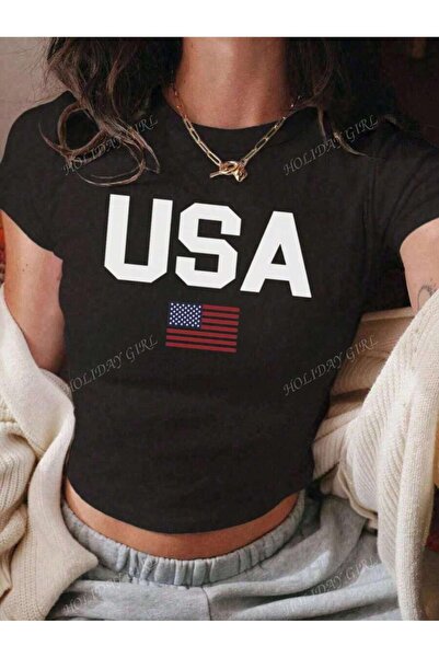 Flood Of Style Γυναικείο μπλουζάκι με μαύρη σημαία ΗΠΑ με τύπωμα με λαιμόκοψη...