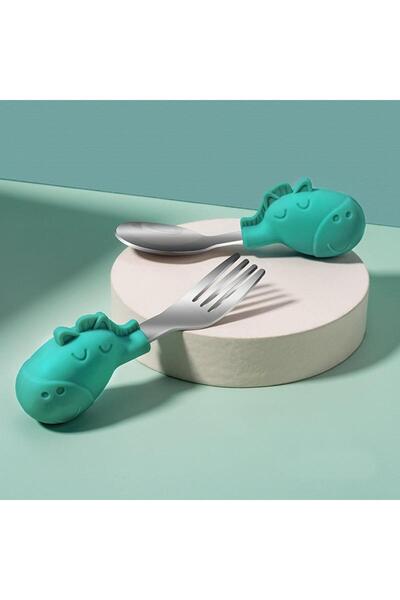 valkyrie Bebek Zebralı Yemek Kısa Saplı Çocuk Paslanmaz Çelik Çatal Kaşık Yeşil