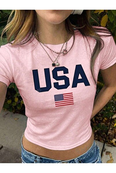 Flood Of Style Γυναικείο ροζ Usa Flag με τύπωμα με λαιμόκοψη με στενή εφαρμογή