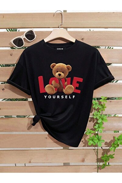 Flood Of Style Unisex Black Love Bear με τύπωμα oversized