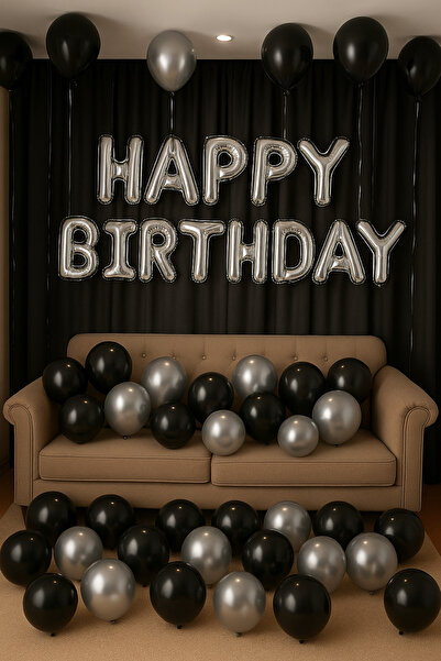 Baloncu Nene Happy Birthday Foil Set Black Silver Balloon Party Birthday Decoration Set