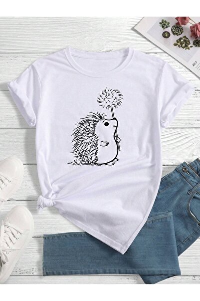 Flood Of Style Дамска бяла блуза с принт на таралеж