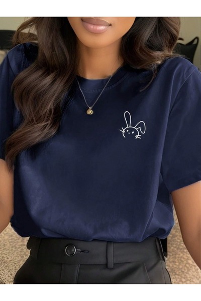 Flood Of Style Γυναικείο κουνέλι σε μπλε ναυτικό χρώμα με τύπωμα oversized