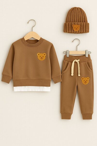 ŞAPKAKİDS Teddy Milk Coffee 3-Piece Tracksuit Set
