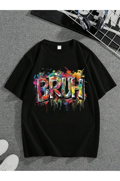 Flood Of Style Унисекс черно Bruh с принт, овърсайз