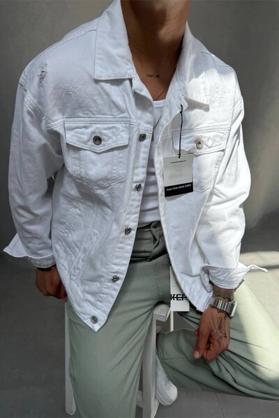 MADZEYMODA Men's Comfortable Fit Denim Fabric Ripped Detailed White Jean Denim Jacket Ke-635