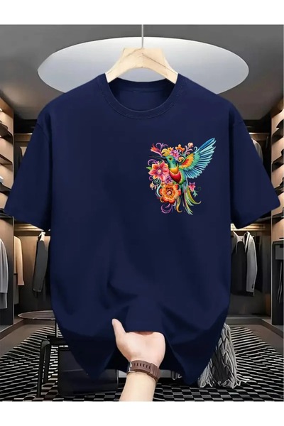 Flood Of Style Дамска блуза с голям размер в тъмносин цвят с принт на колибри