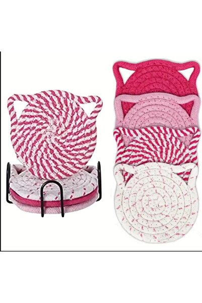esdekor Pink Set of 8 Cat Ear Coasters, Hot Pink Hand-Woven Coasters
