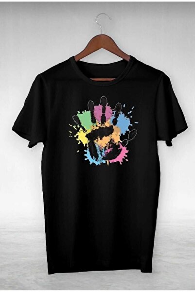 Flood Of Style تي شيرت أسود مطبوع يدويًا للجنسين