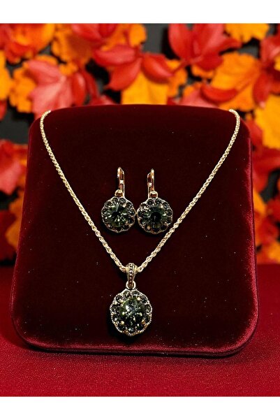 FUYA JEWELLERY Çiçek Motif Black Diamond Taşlı Kolye, Küpe Set