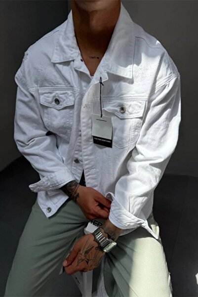 MADZEYMODA Ανδρικό τζιν μπουφάν με άνετη εφαρμογή, υφασμάτινο σχέδιο, λευκό τζιν με λεπτομέρεια σχισμής KE-635