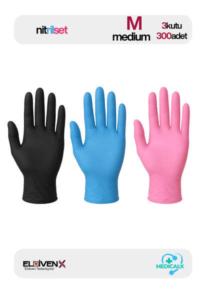 Medicalx NitrilSET Fuşya Pembe & Siyah & Mavi Nitril Muayene Eldiveni 300 Ade...