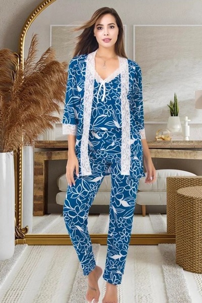 Viselya Λευκό Σετ Πιτζάμες Δαντέλα τεμαχίων Μπλε 3 τεμαχίων