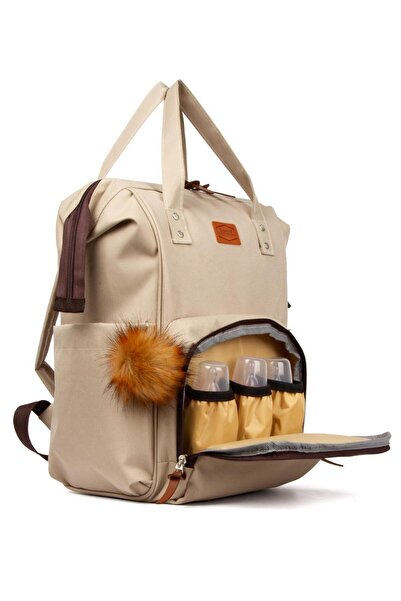 Avşar Baby Luxury Beige Leather Detailed Mother Baby Care Backpack with Pompom Keychain