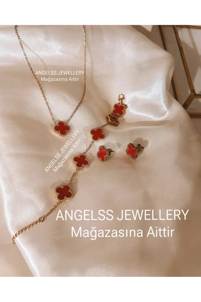 ANGELSS JEWELLERY Bordo Gold Yonca Model Kolye Bileklik Küpe Seti Van Cleeff ...