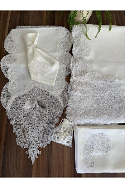 Salkım Masa Örtüsü 8 Kişilik Linen Kumas Krem Sofra Takımı Yüksek Kalite