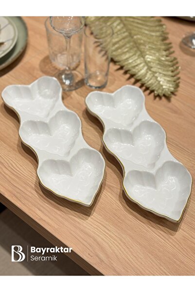 Bayraktar Seramik Gilded 3-Piece Heart-Shaped Snack Bowl 31 X 11.5 X 3 cm