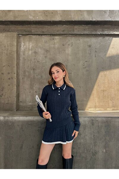 Flarsky Polo Collar Buttoned Sweater and Pleated Skirt Knitwear Set