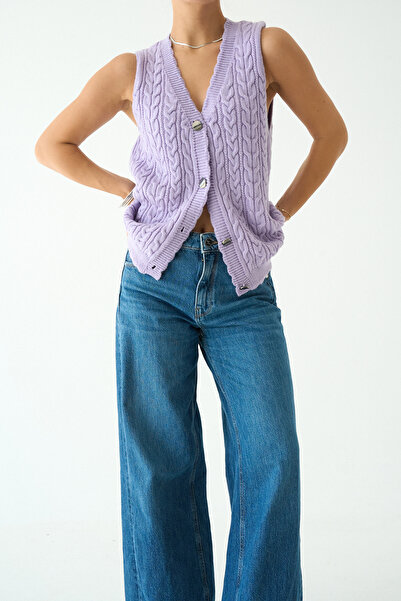 LOOSH Kadın Lila V Yaka Saç Örgü Desenli Triko Hırka Yelek