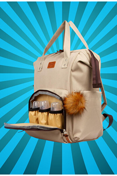 Resmo Luxury Beige Leather Detailed Mother Baby Care Backpack with Pompom Keychain