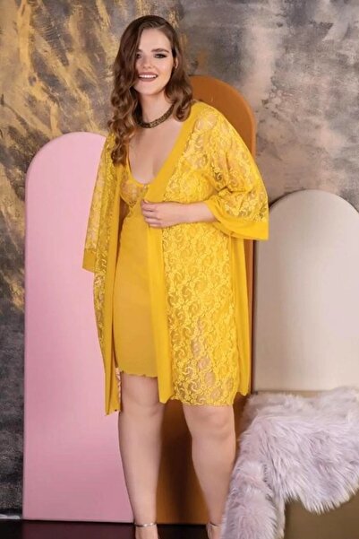 Viselya Lace Yellow Plus Size Nightgown Dressing Gown Set
