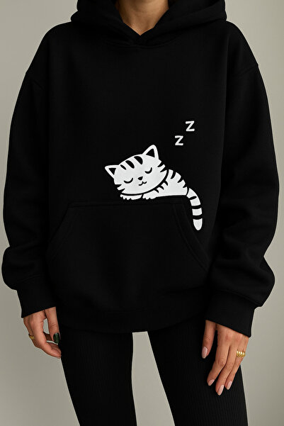 FUFLUNS سويت شيرت بقلنسوة كبير الحجم مطبوع عليه قطة UYUYAN للجنسين للنساء/الرجال