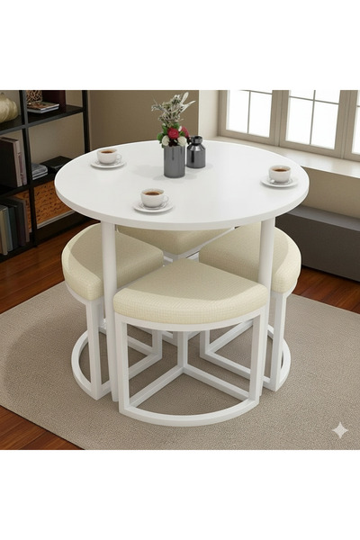 EDMONDA EV AKSESUAR ALARA BEYAZ METAL YUVARLAK YEMEK MASASI TAKIMI 4 KİŞİLİK ...