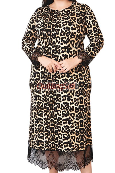 quilling Loepar Patterned Black Color 7284 Women's Plus Size Mother Nightgown with Long Sleeves and Lace Detail, Dress