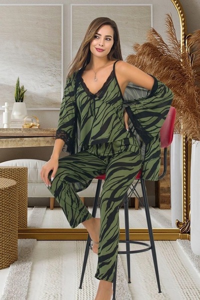 Viselya Σετ πιτζάμες Δαντέλα τεμαχίων σε χακί και μαύρο χρώμα