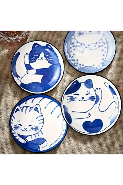esdekor 4 Pcs Blue and White Ceramic Style Cute Cat Minimalist Illustration W...