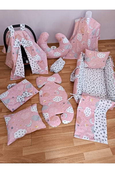 SARIYILDIZ BABYNEST Pembe Bulutlu Kare Yataklı 10 Parça Babynest Seti
