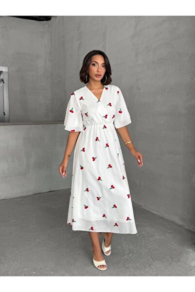 URİS Rochie de vară cu mâneci scurte, cu model de cireș brodat, cu decolteu î...