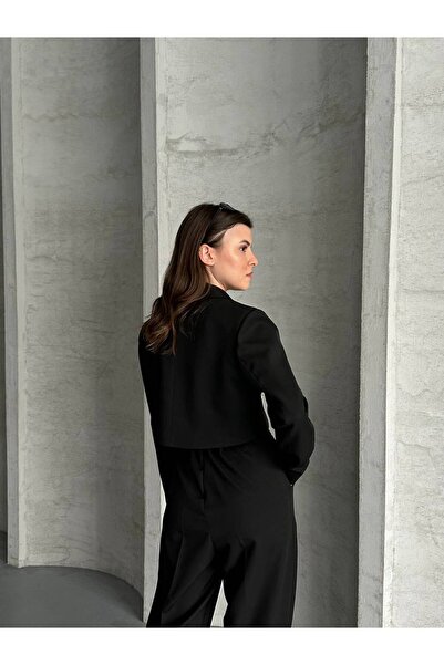 vesantia Women's Black Double Buttoned Drum Fabric Crop Blazer Jacket & High Waist Palazzo Pants Set