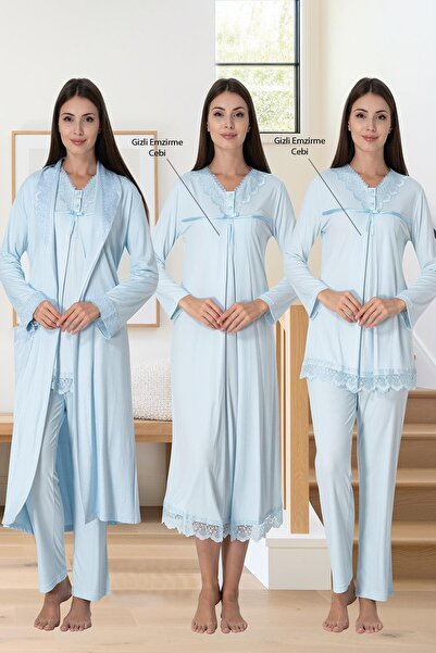 Lohusa Homewear Kadın Mavi Özel Tasarım Uzun Kollu Kışlık Pamuklu Hamile Lohu...