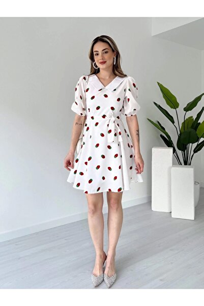 URİS Kadın Çilek Desenli Astarlı Yazlık Poplin Mini Elbise