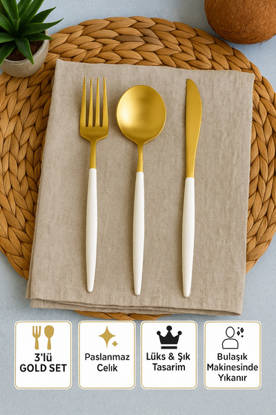 BRE HOME 3’lü Gold Çatal Kaşık Bıçak Seti – Beyaz Saplı Paslanmaz Çelik, Tek ...