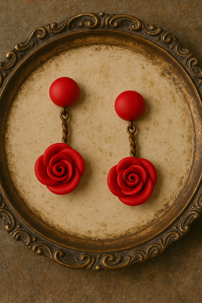 Lu Atelier Lilly Rose El Yapımı Kırmızı Gül Detaylı Tasarım Polimer Kil Küpe