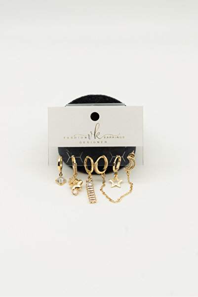 Perry Accesories 6 lı 3 çift zirkon vıp takı kalp kelebek yıldız figürlü çoklu kombin zirkon küpe 14k altın kaplama