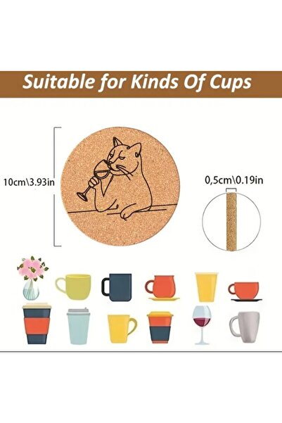 esdekor Catwine 4Pcs Enchanting Cat & Wine Engraved Cork Coasters