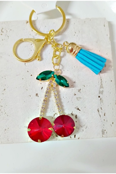 mos&more Gold Cherry Keychain with Stones, Bag Ornament, Bag Accessory, Car Ornament