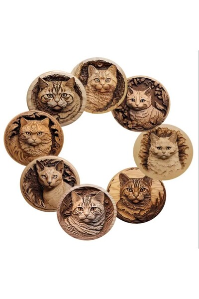 esdekor 10X10Cm 8 Piece Cork Coaster Set, Carved Cat Pattern, Hand Washable