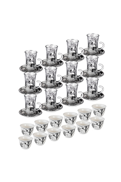 Abareek Al Safa 36-piece clear glass tea set includes 12 tea cups + 12 tea saucers + 12 Saudi coffee cups